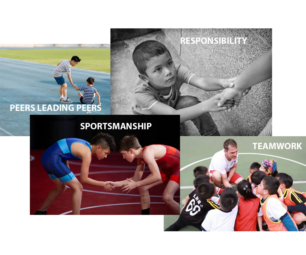 Three pictures of different moments illustrate children's life values and merge these values into one big image. These pictures represent the values of leadership, sportsmanship, responsibility, and teamwork.  